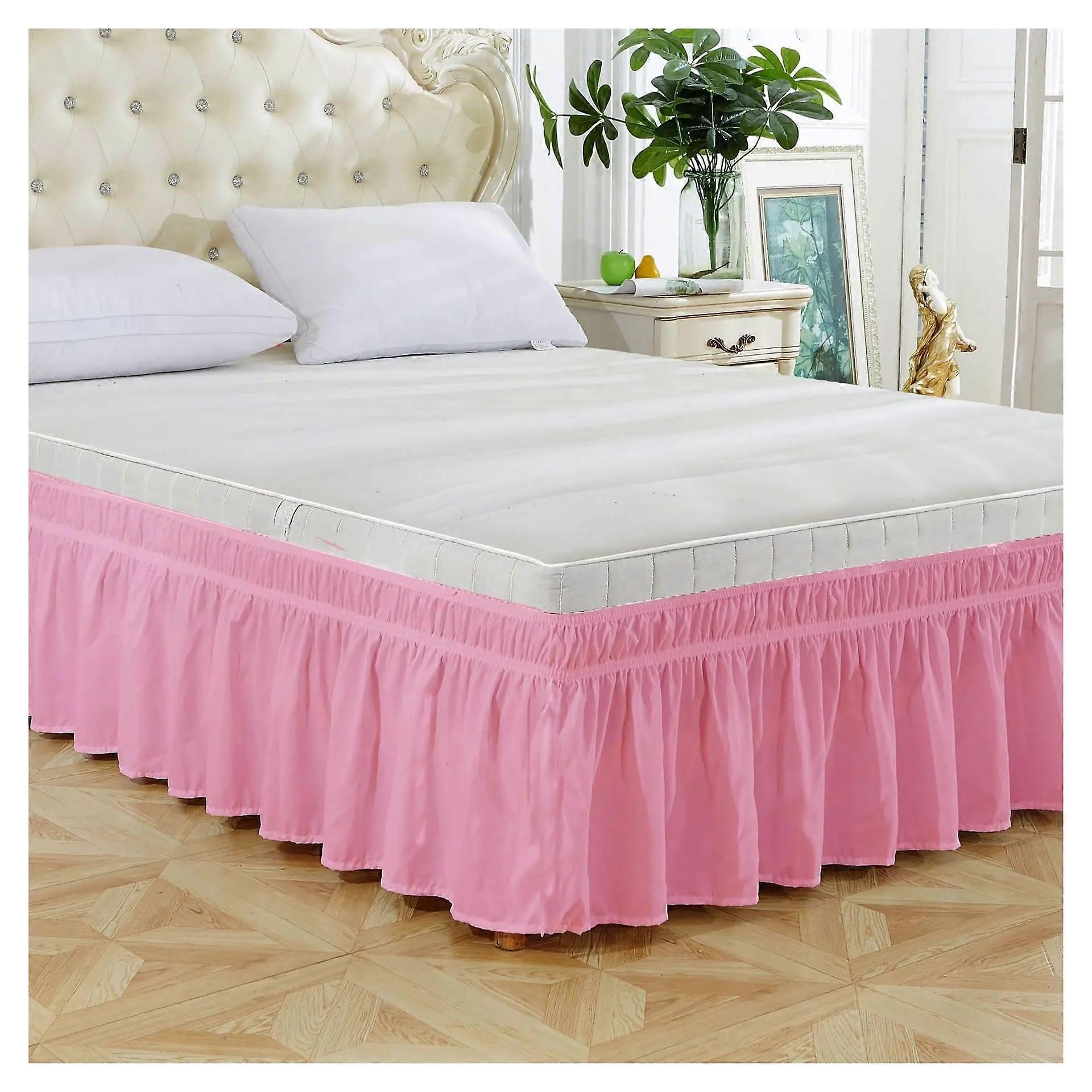 Plaincolored elastic ruffled bed skirt, lightresistant, fits king bed (Pink)