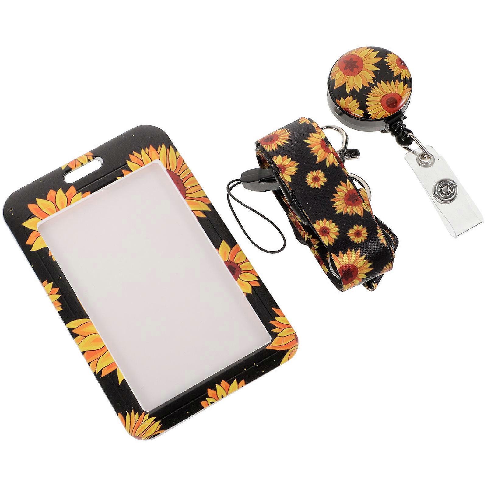 Sunflower Pattern ID Badge Holder with Card Sleeve and Lanyard – Secure Name Tag Holder for Teachers, Nurses, Office Staff, Medical Personnel, and
