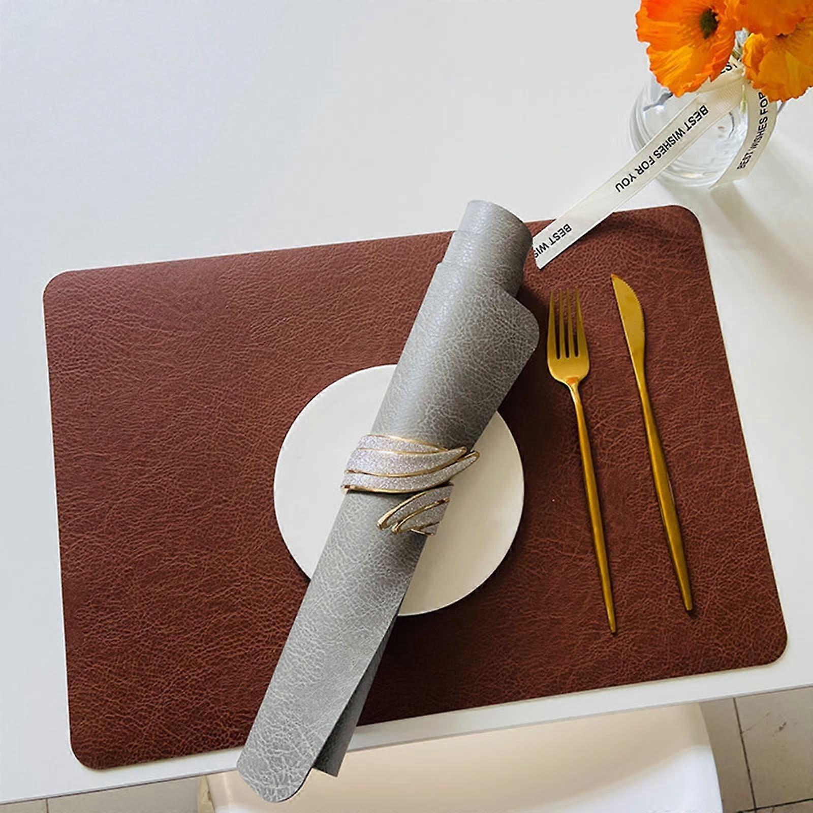 Set of 6 Washable PU Leather Place Mats 30 x 43 cm Light Grey Coffee Reversible Cowhide Texture Table Coasters