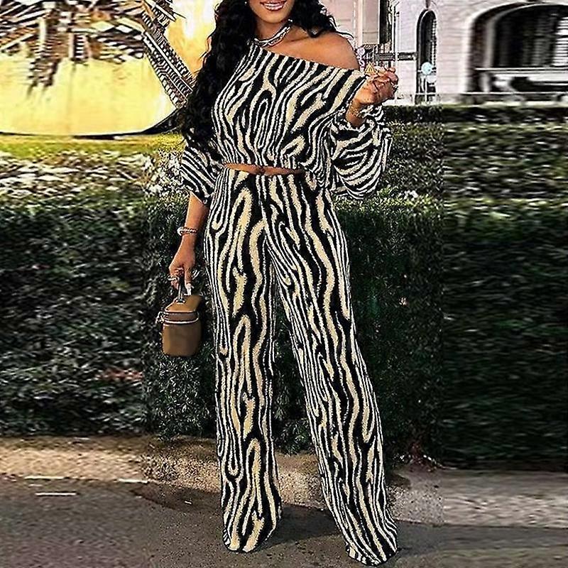 Women Autumn Off-Shoulder Long Sleeve Zebra Print Top & Pants Sets