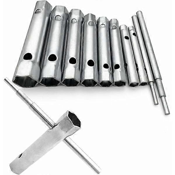 Pipe wrenches 6 to 22 mm, pipe pliers, spark plug wrenches, versatile tool set for plumbing.