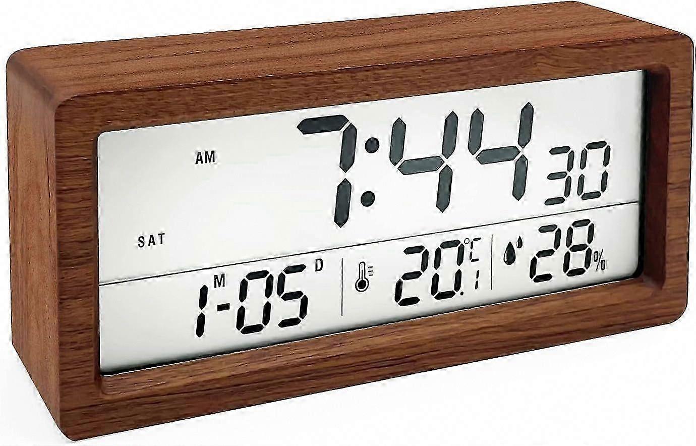 Digital Alarm Clock Battery Powered, Bedside Clocks with Snooze, Calendar, Backlight, Temperature Humidity, Wooden Alarm Clock