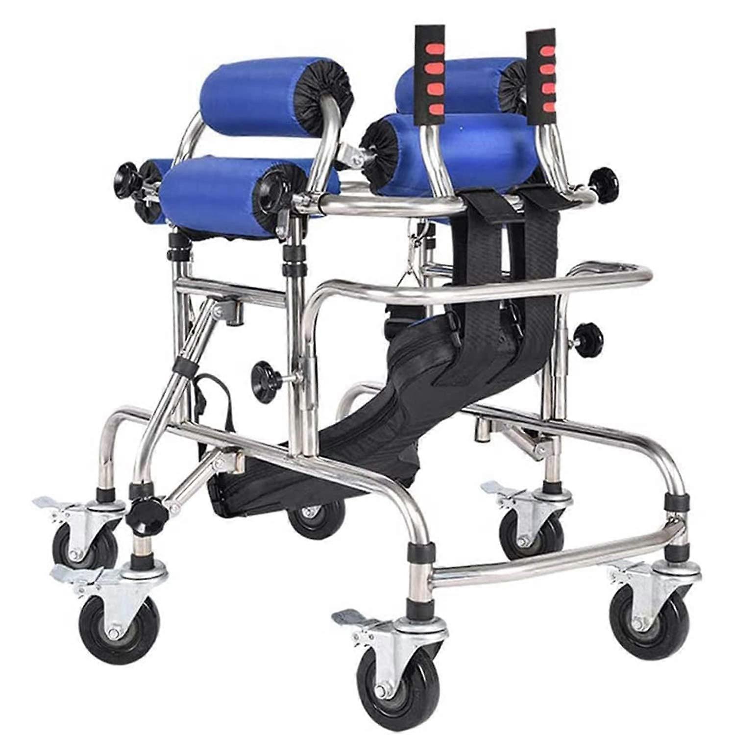 Portable medical walker with padded seat and backrest, as a walking aid for children with hemiplegia, for lower limb training, height range 85–120 cm.