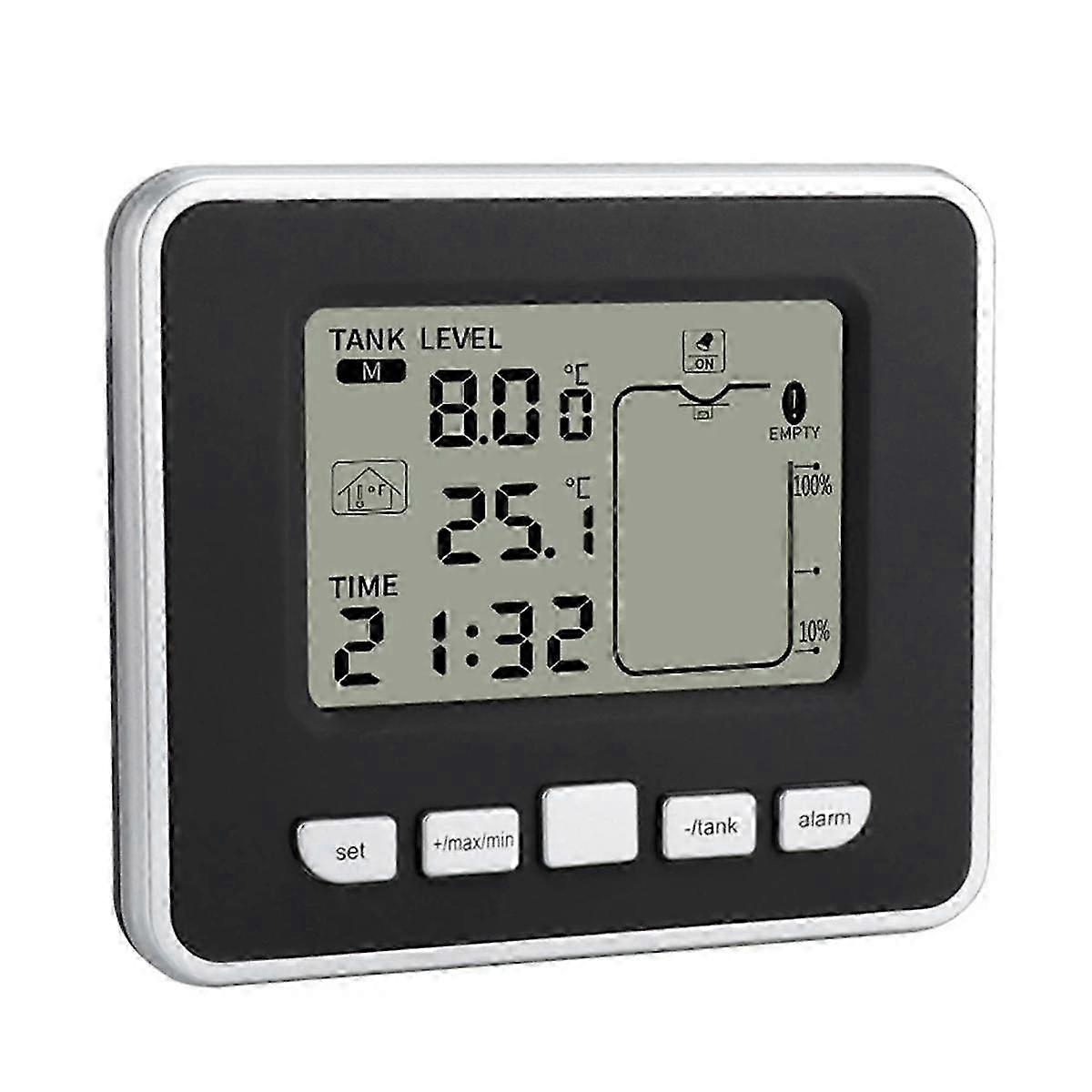An ultrasonic wireless water tank liquid level meter with a temperature sensor and a time display level monitor.