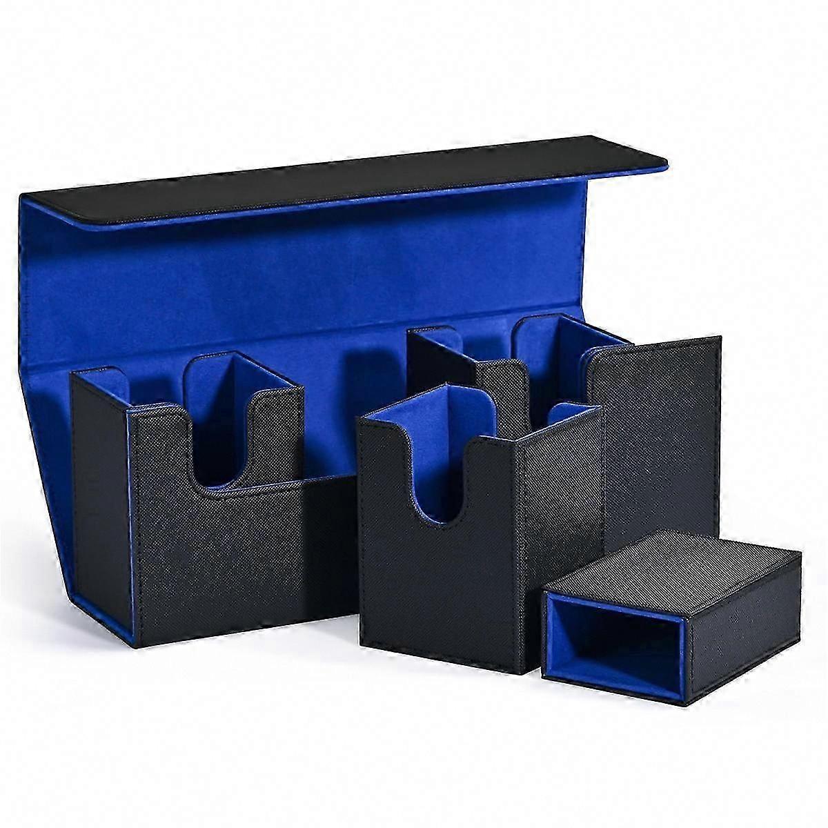 Card Storage Box with Dice Tray - 4-in-1 Magnetic Deck Case Holds 300+ Cards (Black+Blue)