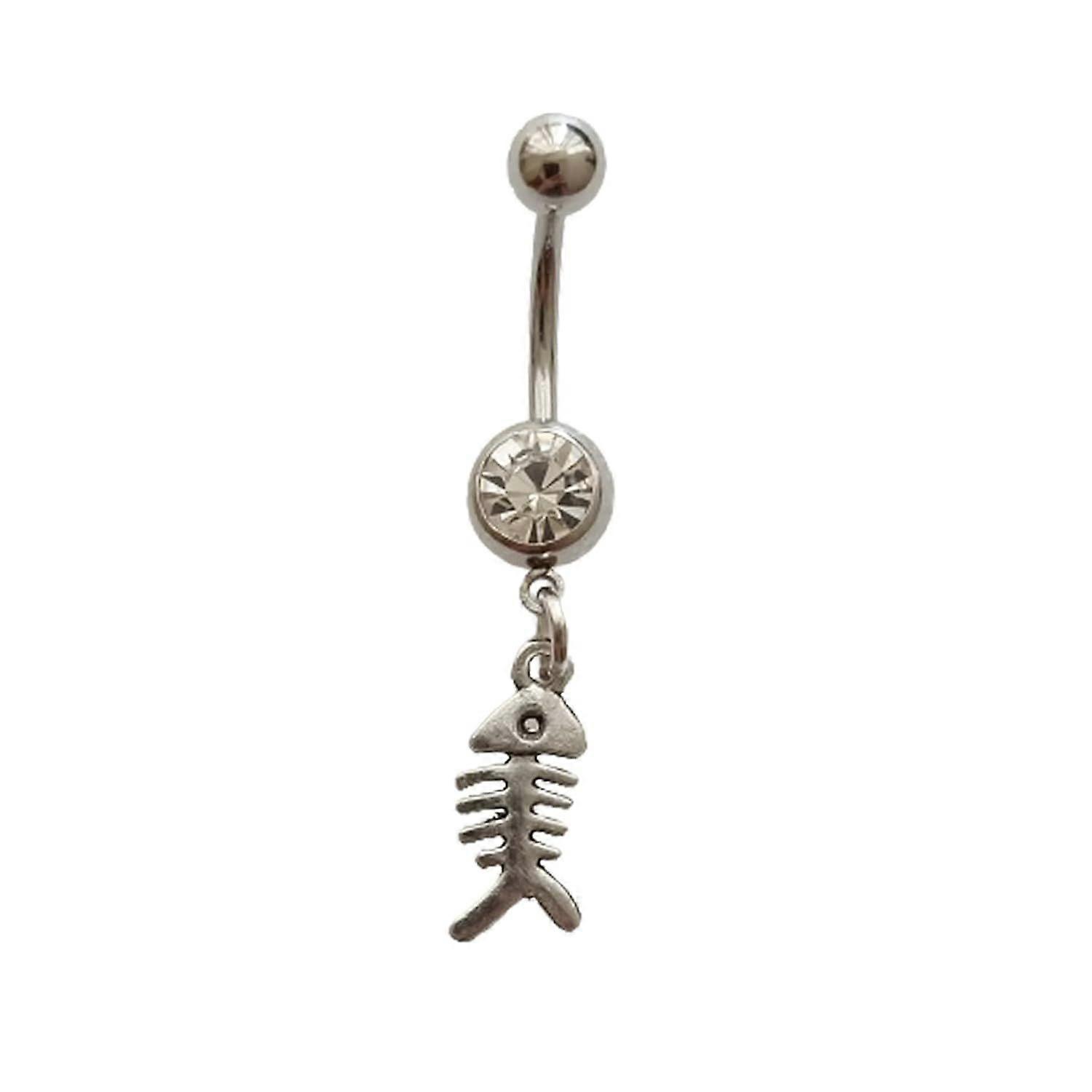 Funny Fish Bone Dangle Belly Button Ring, Mini Skeleton Charm Surgical Stainless