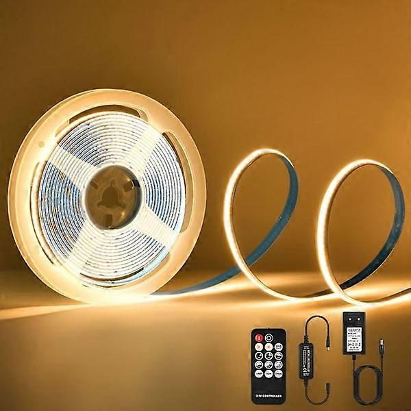 Ruban LED COB 5m 3000K 24V COB Ruban LED Blanc Chaud avec Télécommande/IP30 Étanche/1600 LEDs/Bande LED Dimmable de 8mm de largeur