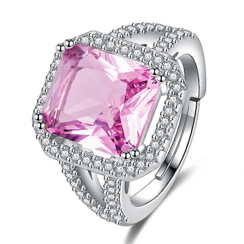 Open Ring for Women, European and American Style Luxury Cluster Set Pink Rectangular Zircon Simulated Pink Tourmaline