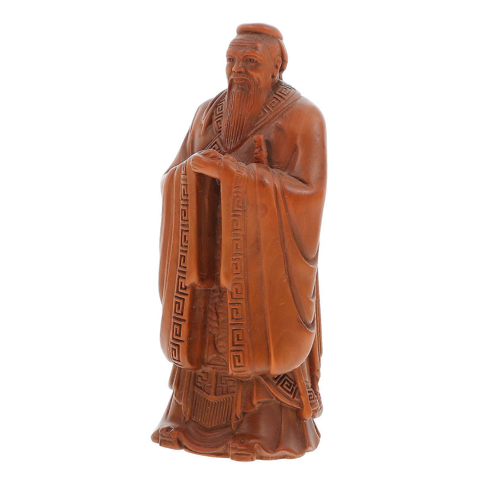 Confucius Statue Wood Carving Decorative Ornament 2Pcs for Home Desktop