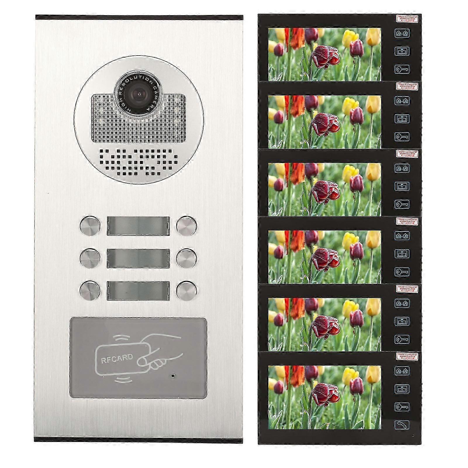 7in Video Intercom System With 6 Button Camera 6 Monitor Night Vision Hands Free Video Door Phone Kits For 6 Units Apartment Us Plug