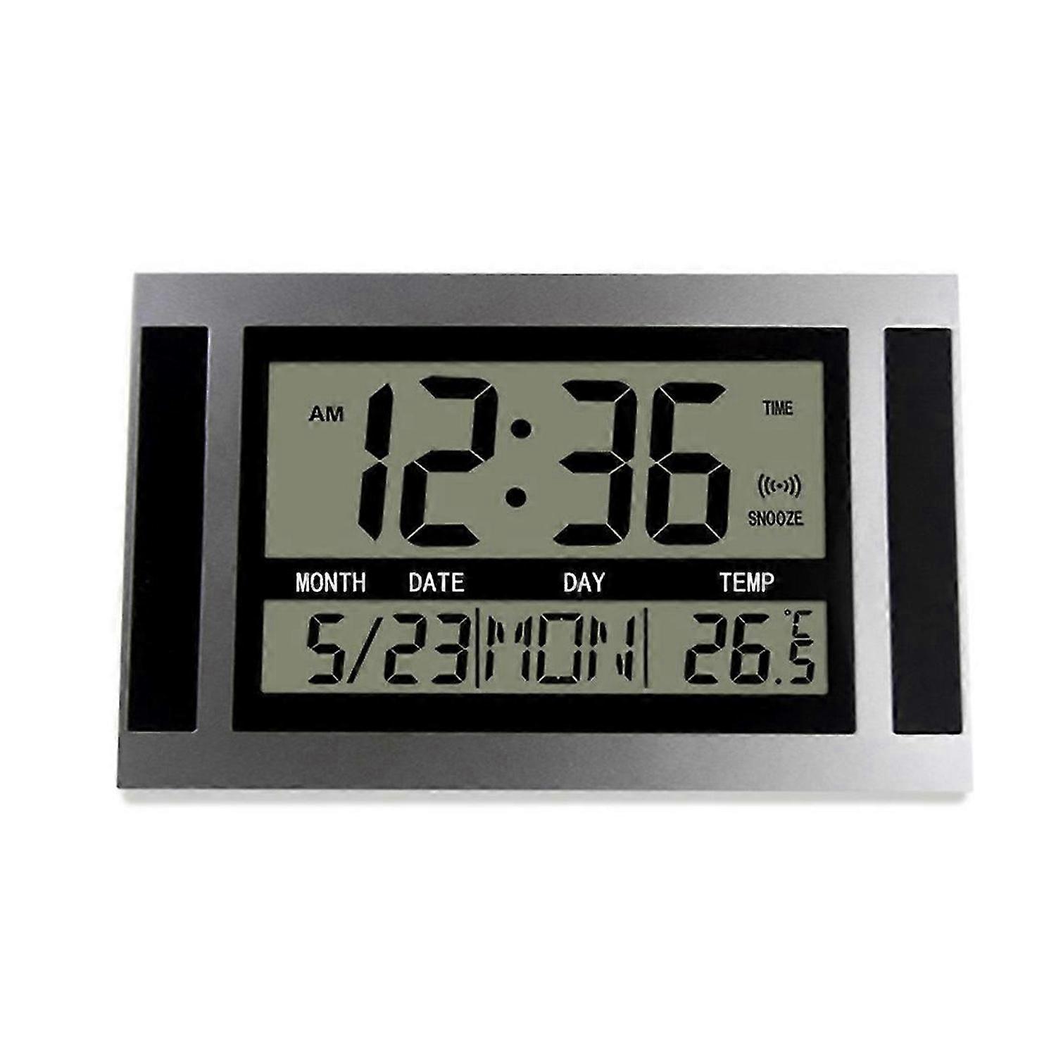 Digital Wall Clock LCD Large Number Time Temperature Calendar Alarm Table Desk Clock Modern Design Office Home Silver