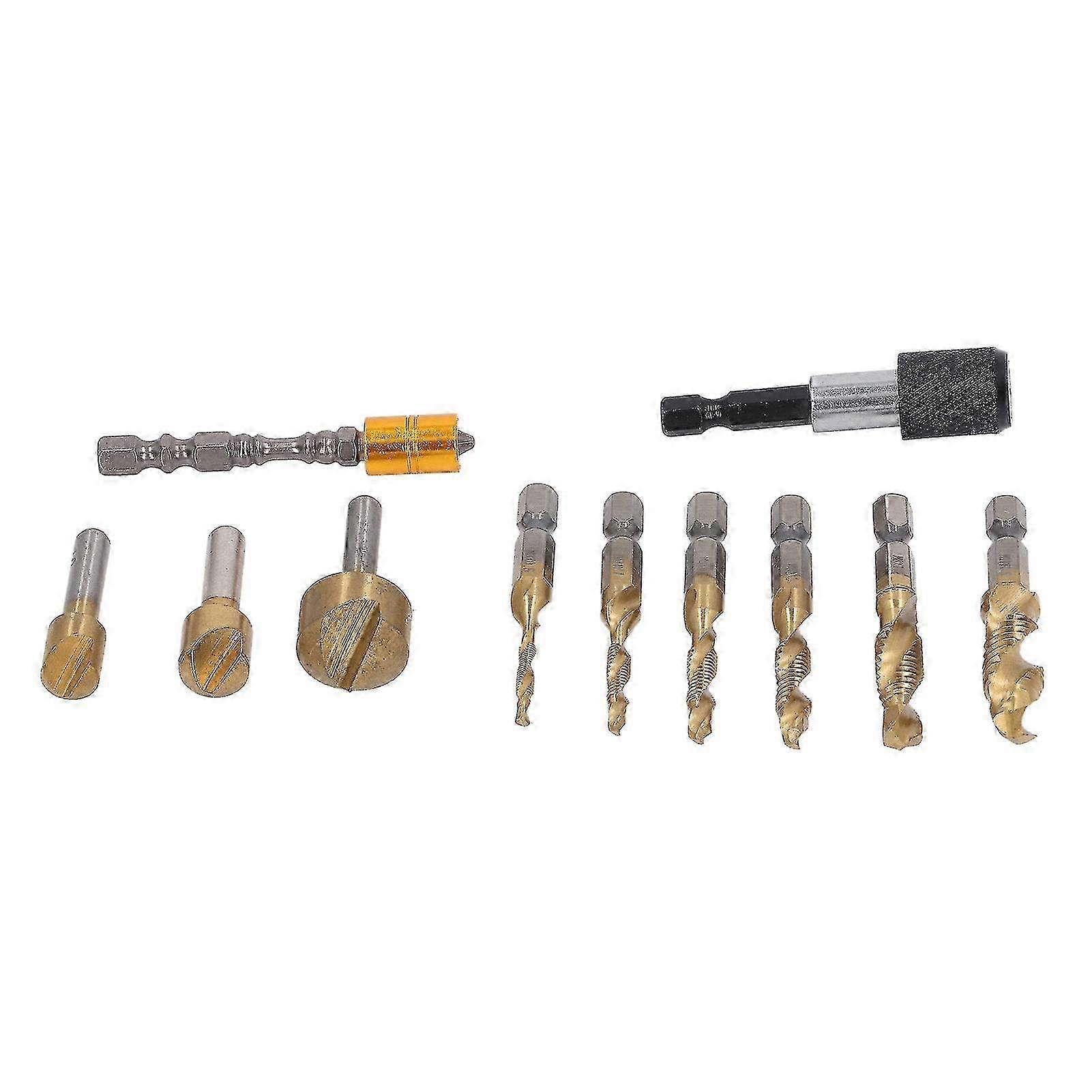 11Pcs Chamfer Drilling Tools Woodworking Ti Coated Step Drill Bits Quick Release Extension Rod Tap Chamfering Tool Set