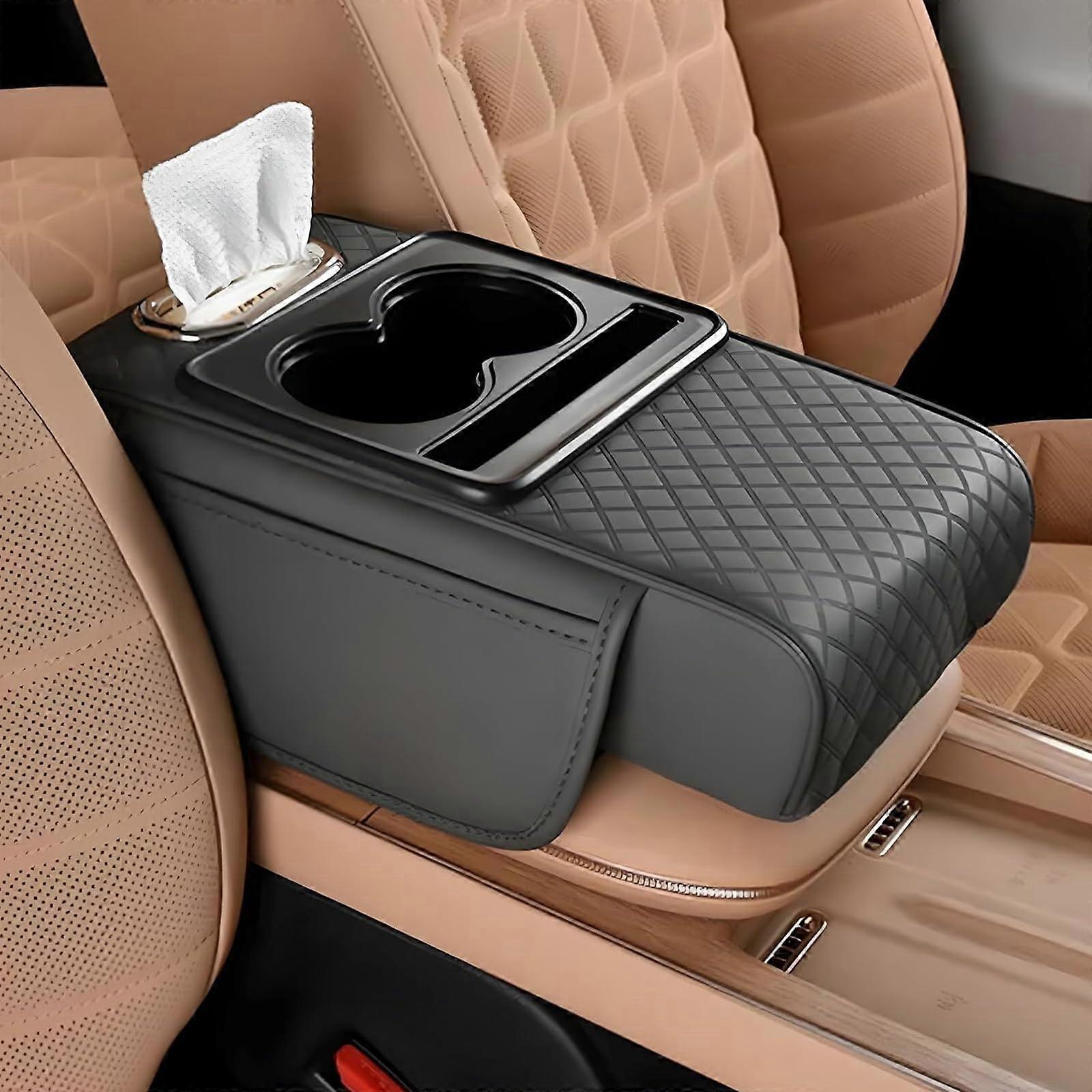 PU Leather Car Armrest Cushion Organizer with MultiPocket Storage, Cup Holder and Tissue Box, Gray