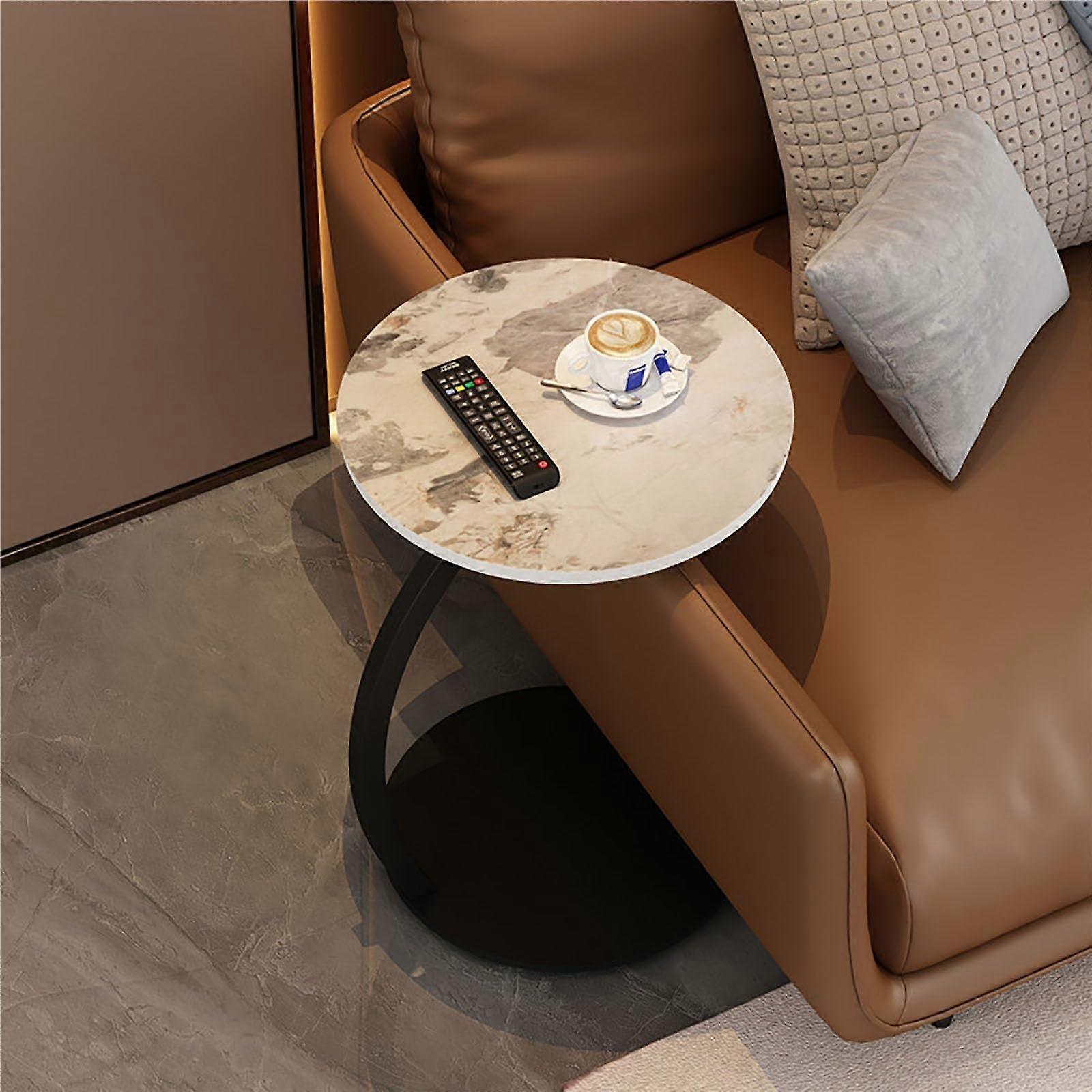 Modern Round Nightstand with Storage, Small Slate  Side Table, White Frame for Bedroom