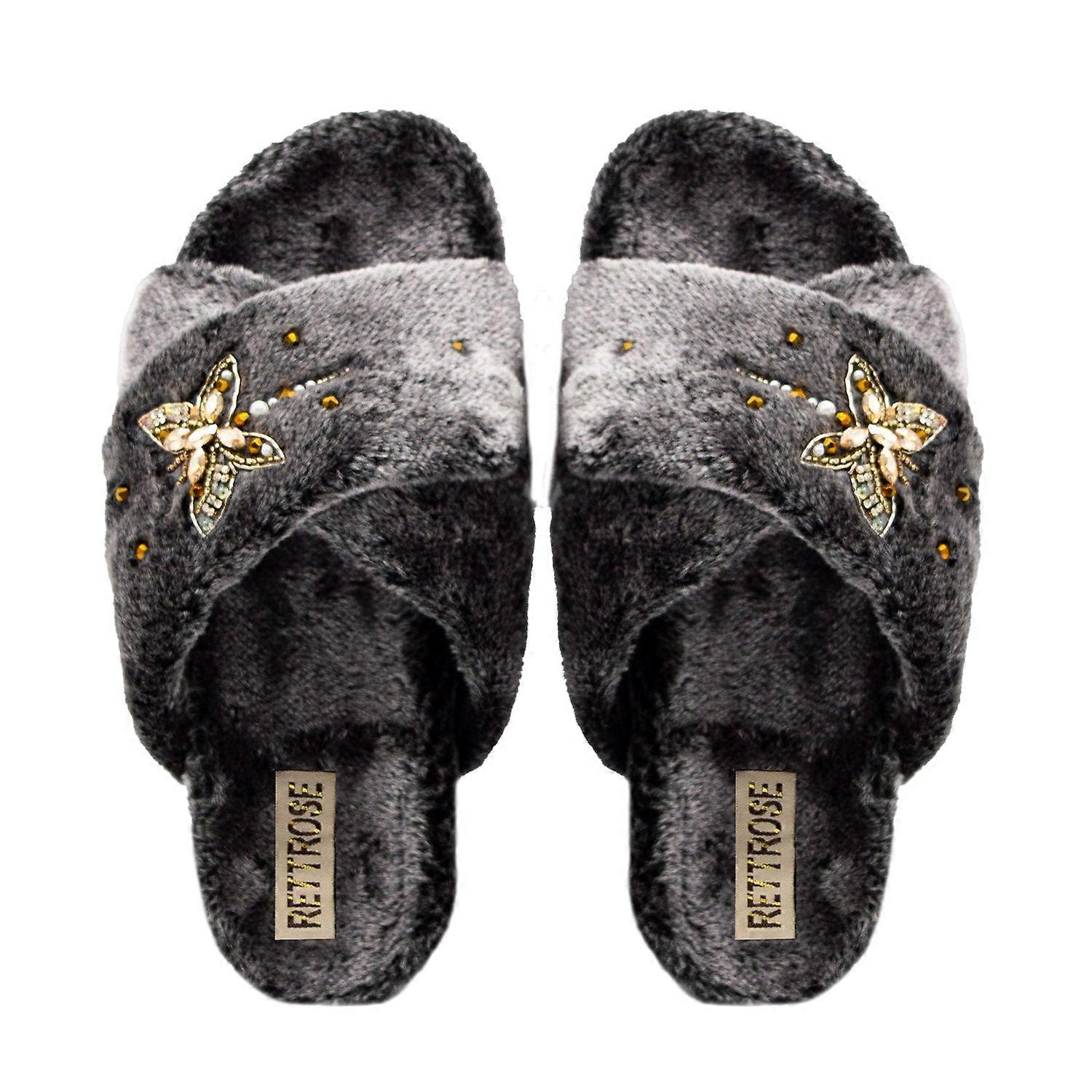 Sofia charcoal luxury plush diamanté embellished handmade slipper