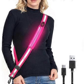 LED Reflective Sash Belt for Walking At Night, Rechargeable LED Light Up Running Belt for Runners Walkers, Pink.C5