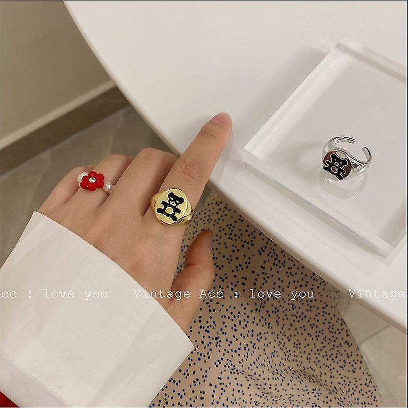 Vintage Geometry Bear Ring Temperament Girl Wind Bear Ring Versatile Bear Opening Ring