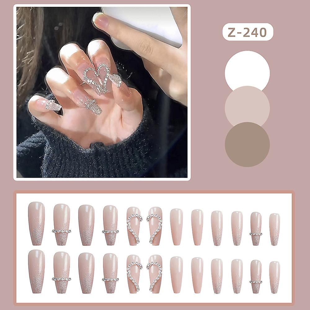 Glossy Pink False Nails Glitter Full Cover Acrylic Nails