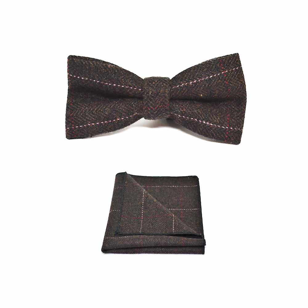 Luxury Herringbone Chocolate Brown Bow Tie &amp; Pocket Square Set