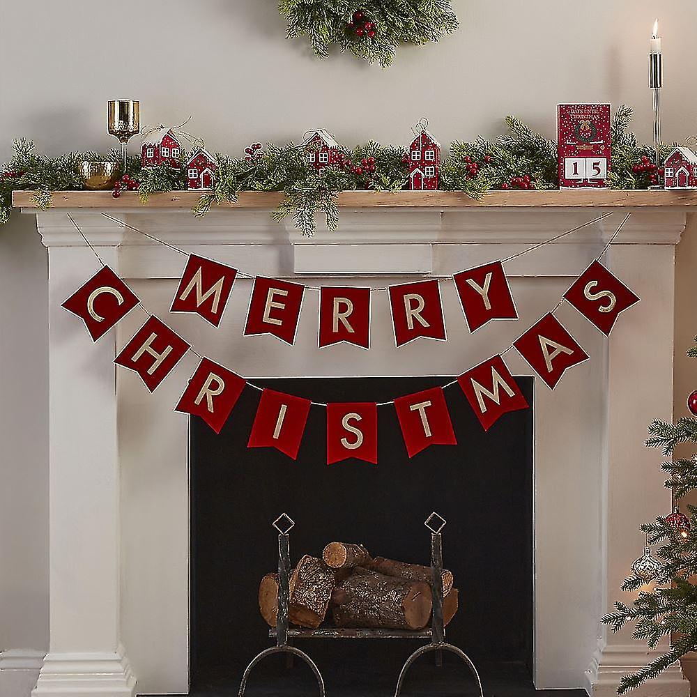 Gold Foiled Red Velvet Merry Christmas Bunting | Hanging Decorations Sign 4m