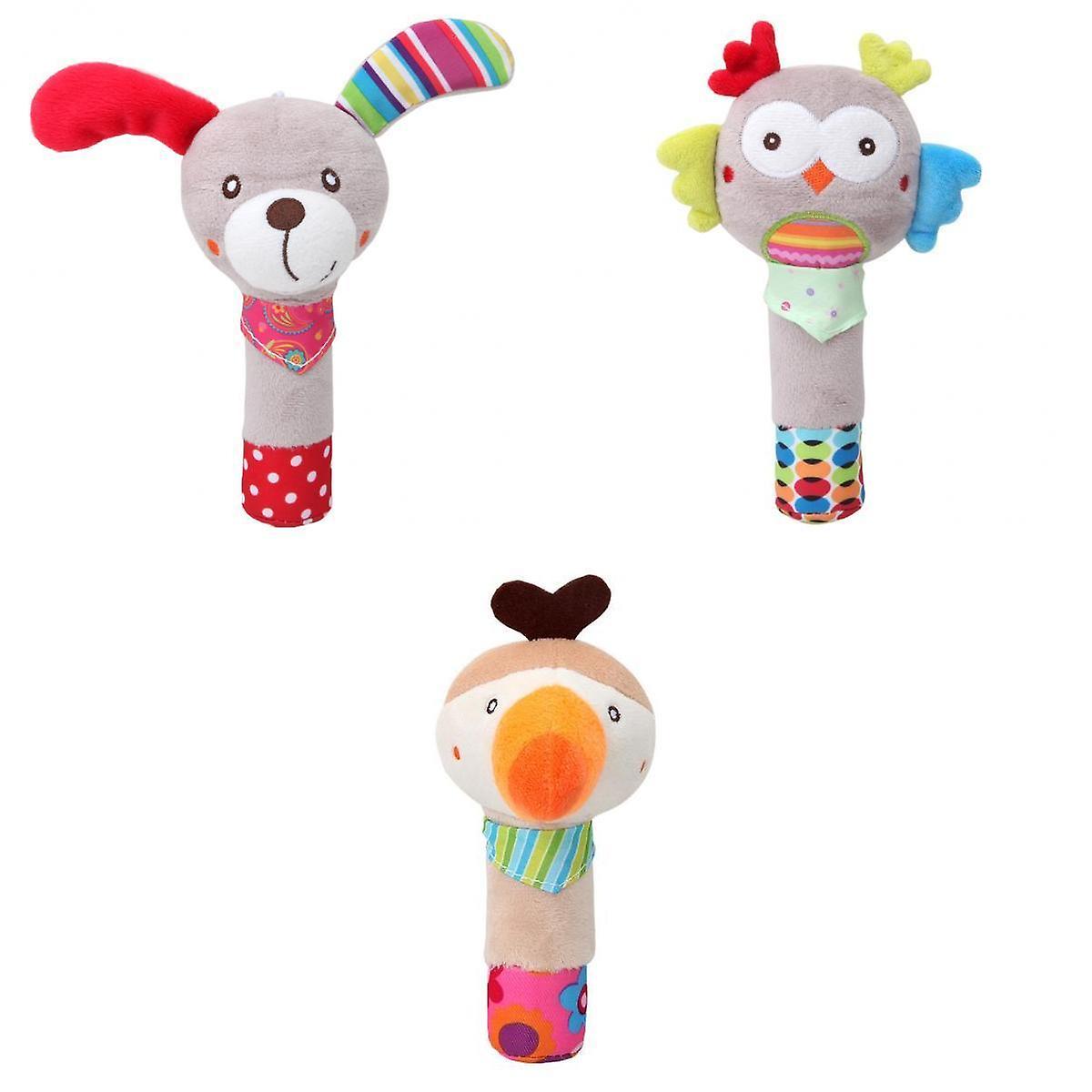 3pcs Animal Shape Hand Rattles Squeaker Sticks Handbells for Toddlers