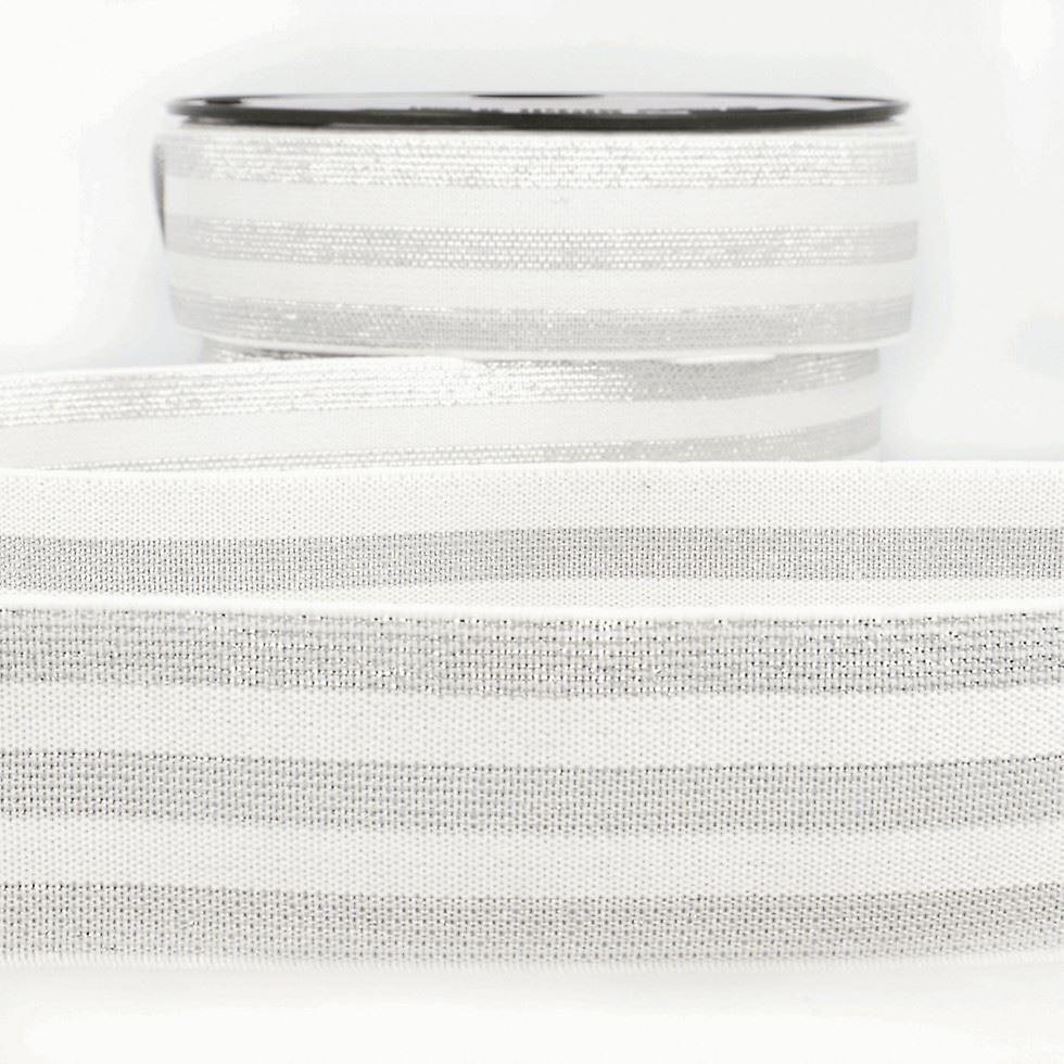 40mm Stephanoise Metallic Stripe Flat Elastic White & Silver - per metre