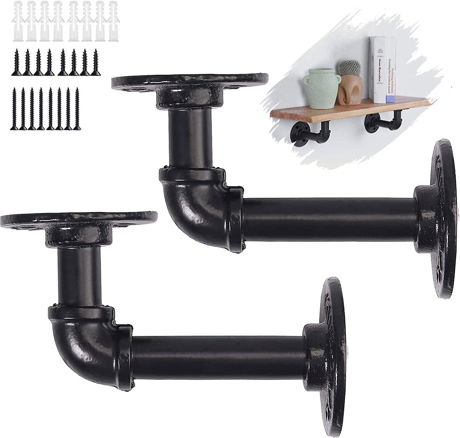 Pipe Shelf Brackets, 2 Pack Industrial Black Pipe Shelf Brackets Wall Mounted Metal Rustic L Pipe