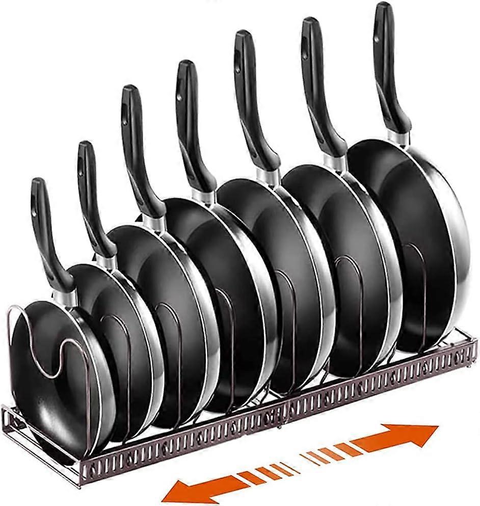 Porte Casseroles 2 en 1 Organiseur de Pole Rangement Casserole Range Assiette Support avec 7 Compartiments Rglables pour Casseroles, CouverclesMarron