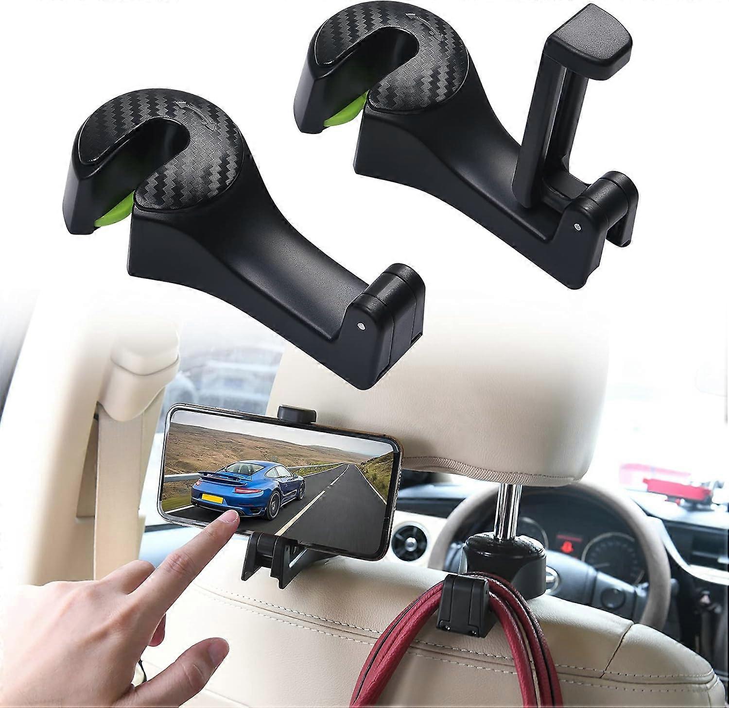 Car Back Seat Hook, 2 in 1 Car Hooks for Bags, 2 Pack Car Headrest Hooks with Phone Holder, 360 Rotation Car Headrest Hidden Hook