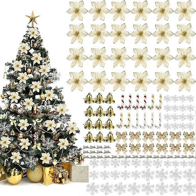 120pcs Christmas Tree Flowers Set,Glitter Christmas Tree Ornament Christmas Balls for Xmas Holiday New Year Wedding Party DIY Decoration