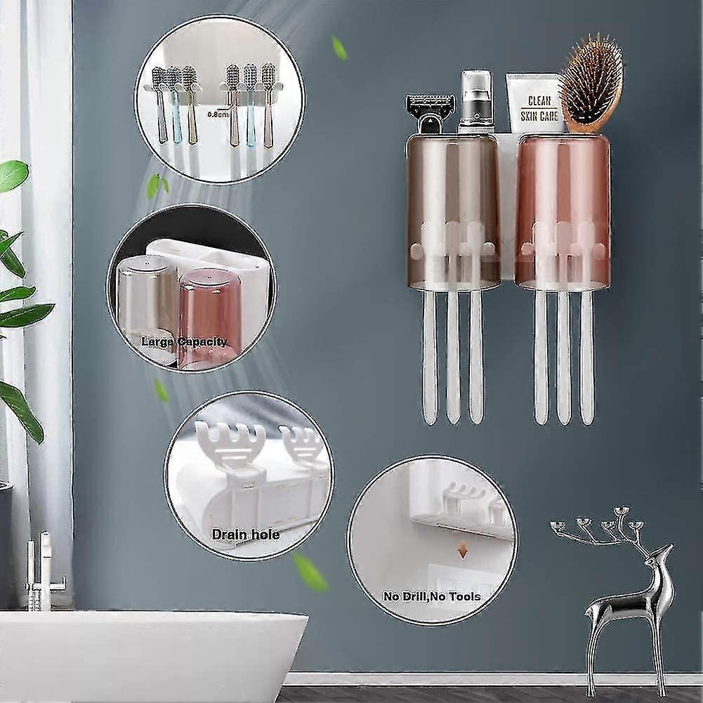 Wall Mounted Couple Toothbrush Holder Set With 2cups