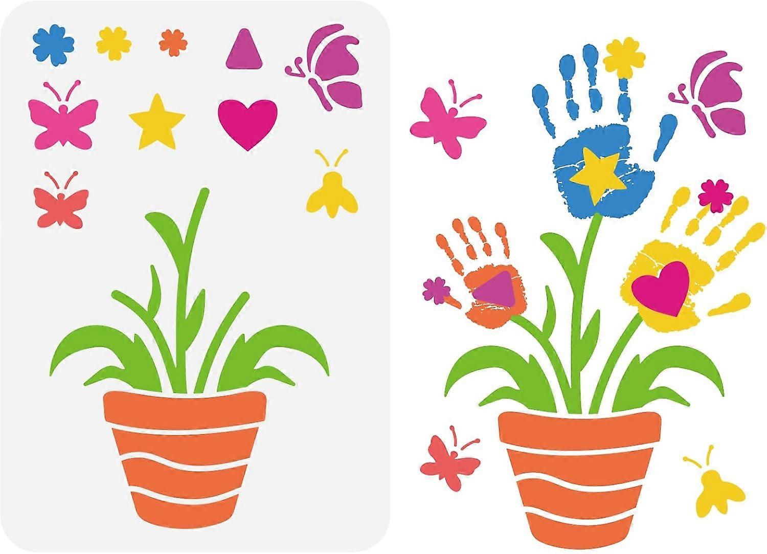 Handprint Plant Painting Stencil 8.3x11.7inch Large Flowerpot Stencil Reusable Flowers Butterflies Bees Drawing Template Star Heart Triangle Pattern S