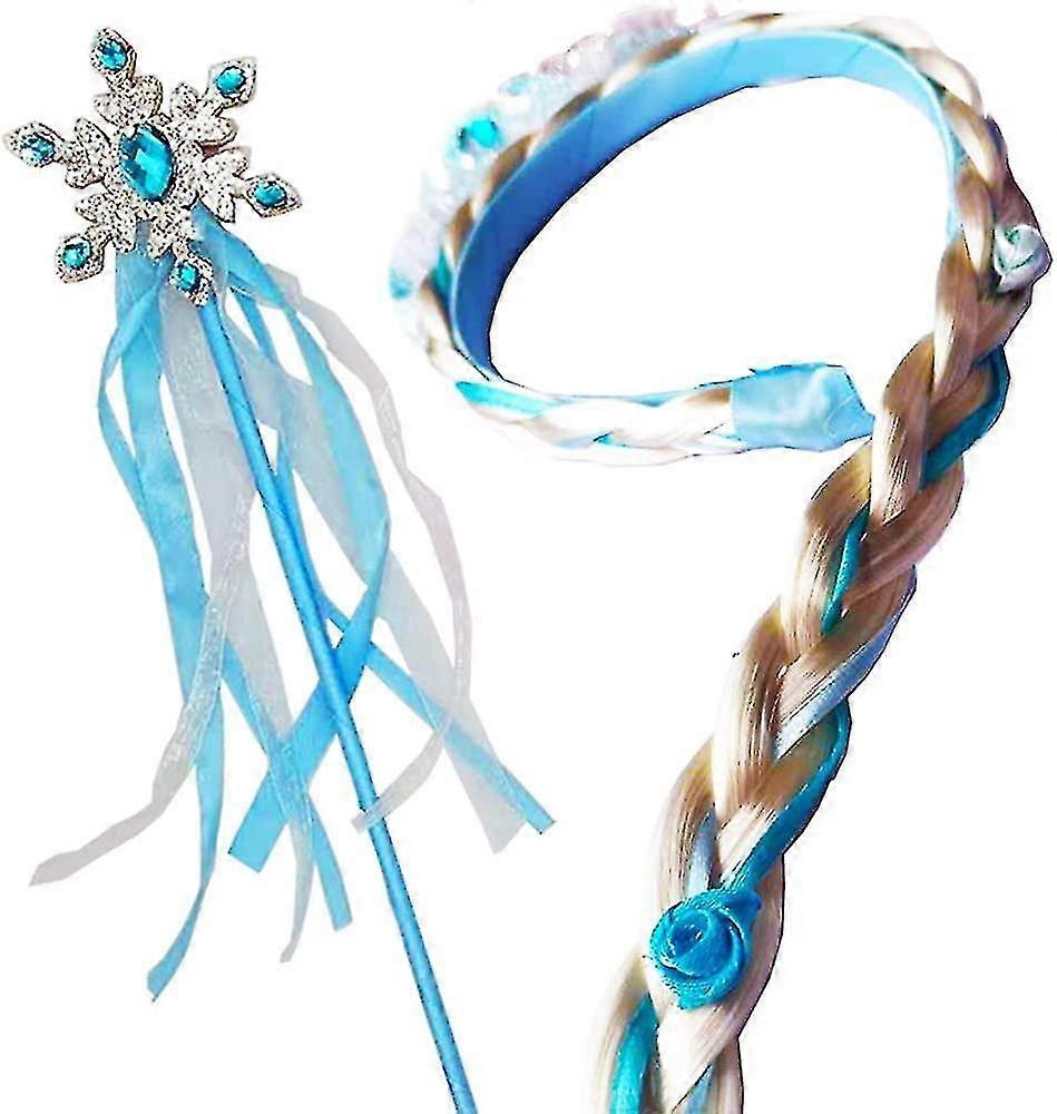 1セット、2ピースガールズプリンセスドレスアップアクセサリーファンシードレスパーティーキットスノークイーンヘッドバンド/ヘアバンドと魔法の杖セット(青)