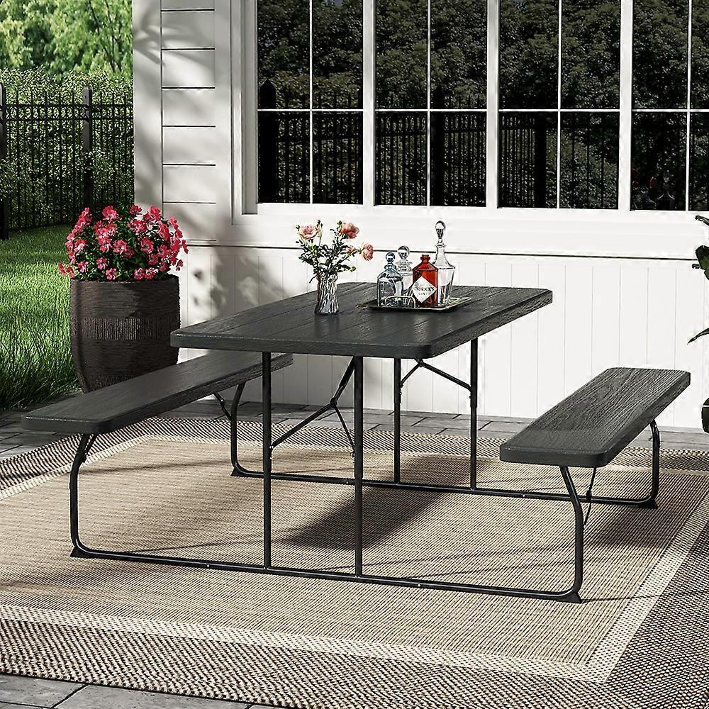 Foldable Black Picnic Table and Bench Set with Parasol Hole