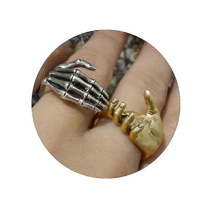 Vintage Cool Carved Bone Hand Ring Punk Gothic Adjustable Skull Handshake Ring