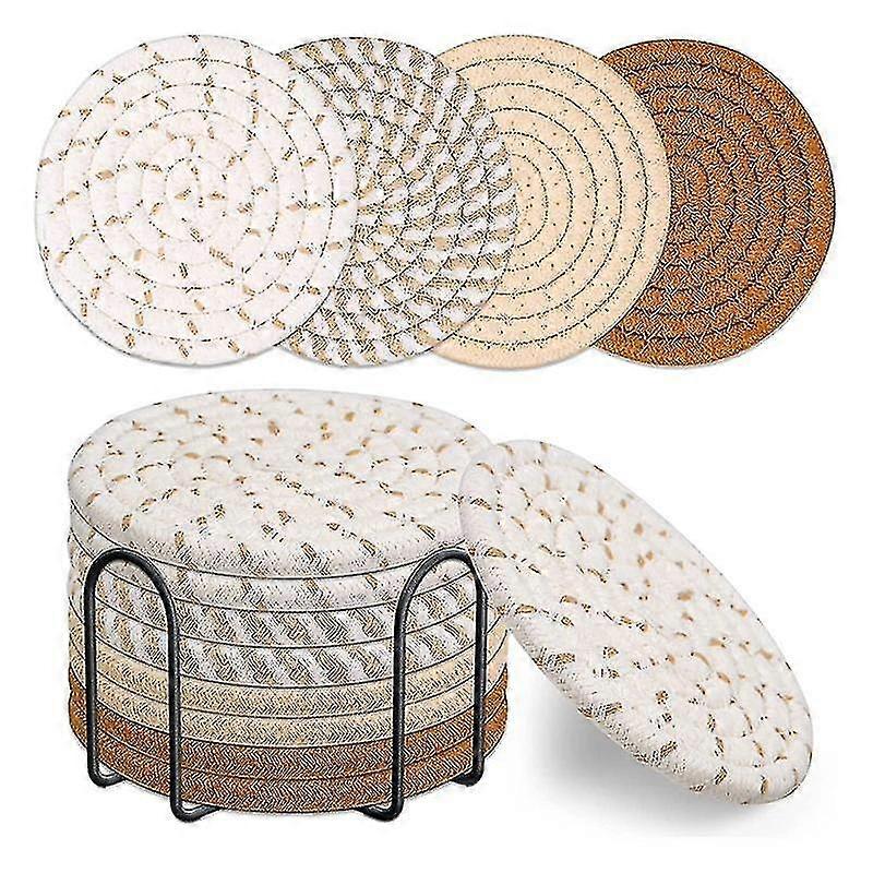 8 posavasos con soporte, 4 colores absorbentes, de algodón tejido.