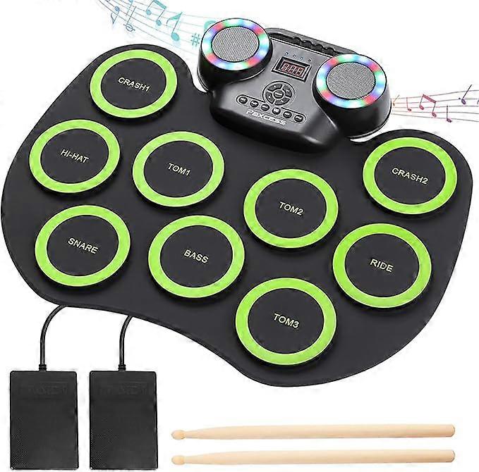 Kit de tobe electronice 9 Pad Roll Up Practice Drum Kit cu lumini colorate, 8 ore de redare, difuzoare încorporate, căști, mufă USB MIDI