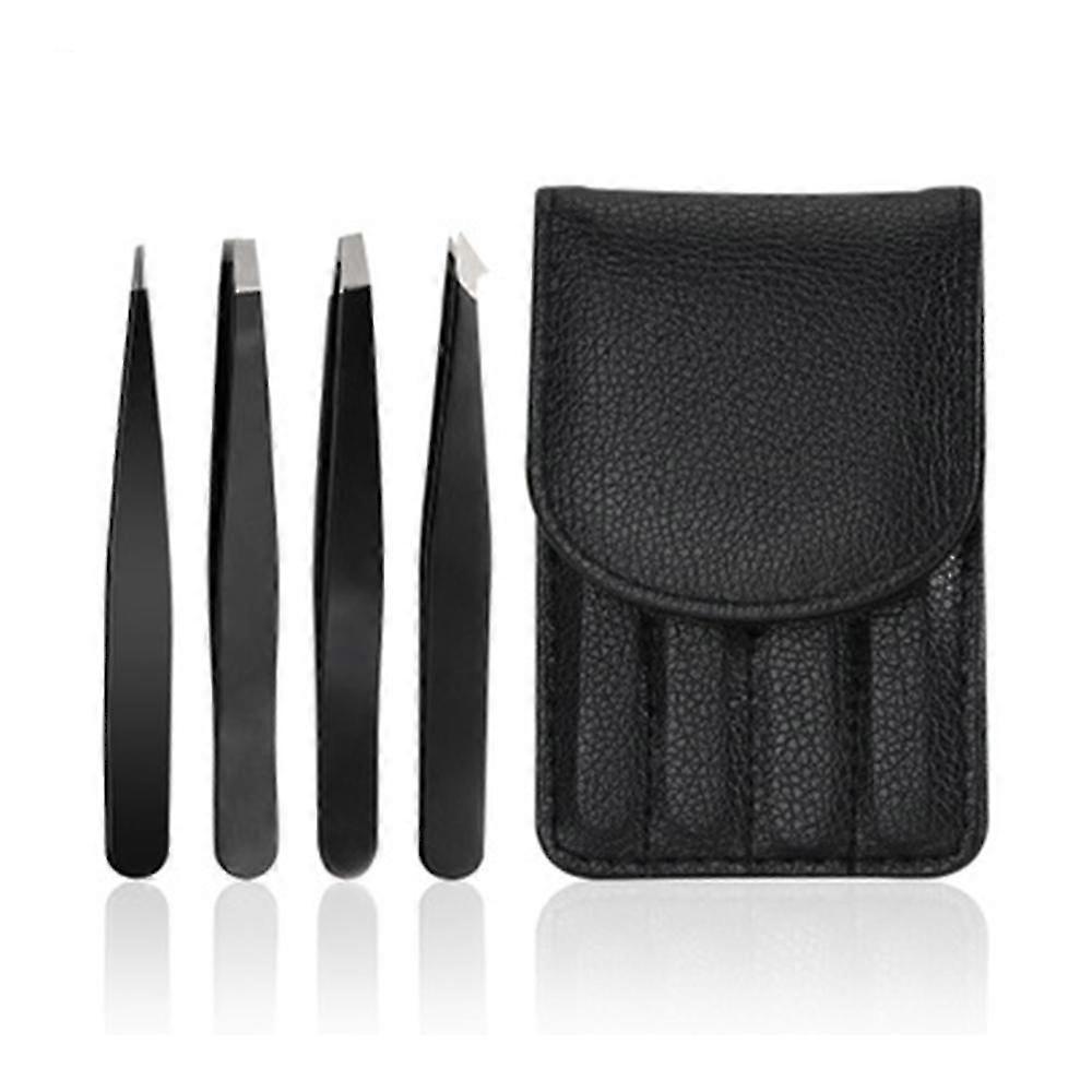 ピンセット-プロのステンレス鋼ピンセット、眉毛に最適な精密ピンセット-優れた精密-黒-4ピースセット