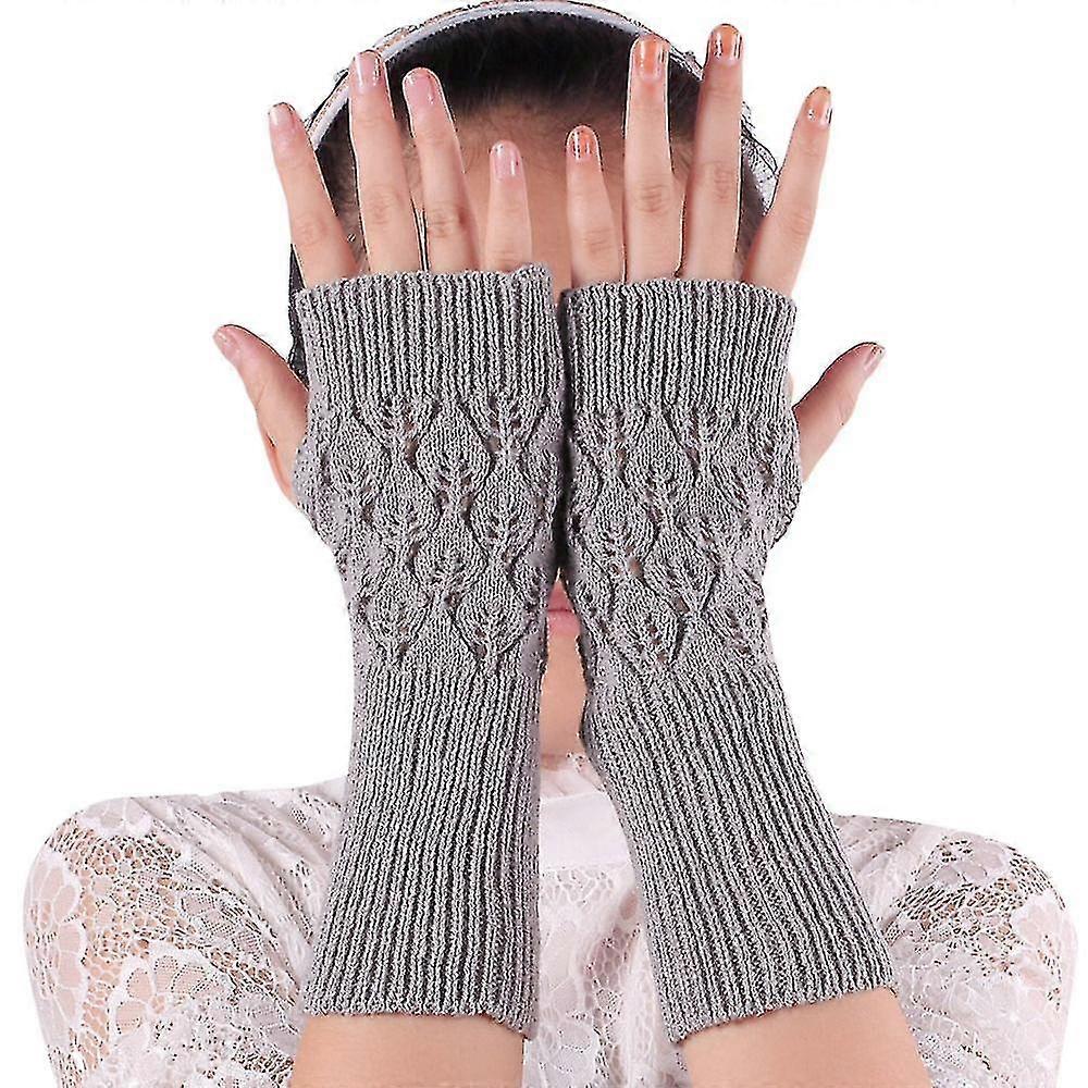 Unbrand Femmes Hiver Tricoté Long Gants Sans Doigts Poignet Bras Mitaines Chaudes Gris clair