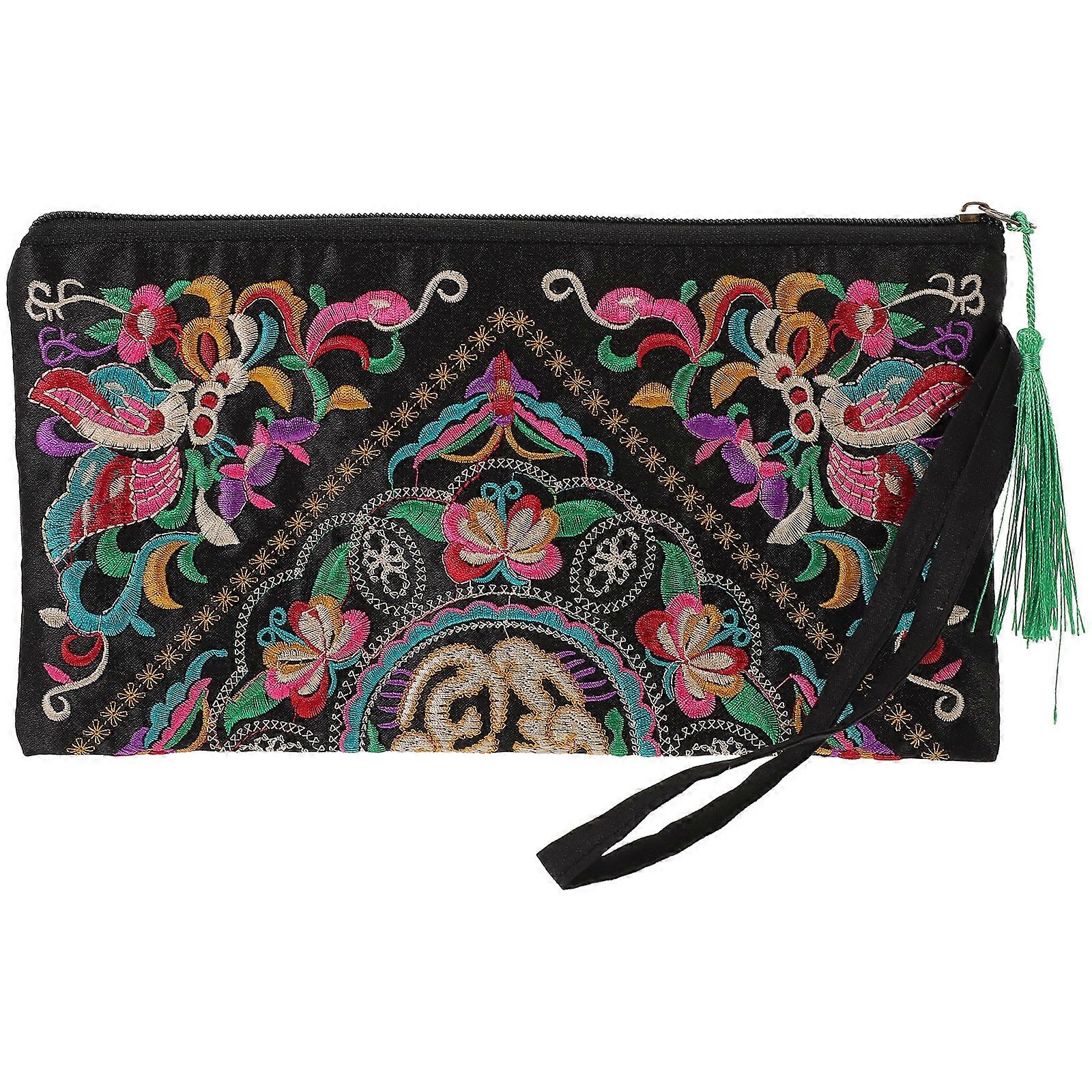 Portafoglio e borsa per telefono con ricamo etnico retrò da donna (farfalla e fiore)