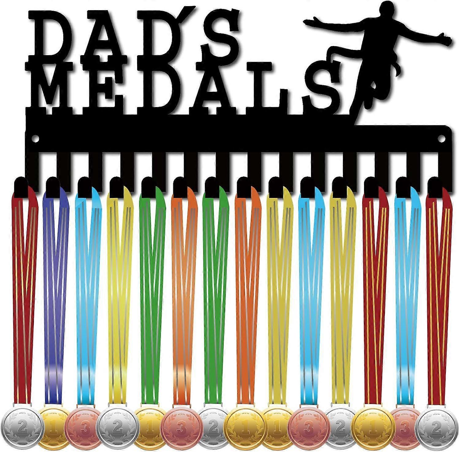 Dad's Medals Holders Medal Display Hanger Small Medal Rack Organizer Metal Iron Ribbon Shelf Stand Frame Decor Wall Mounted Hanging with 20 Hooks for