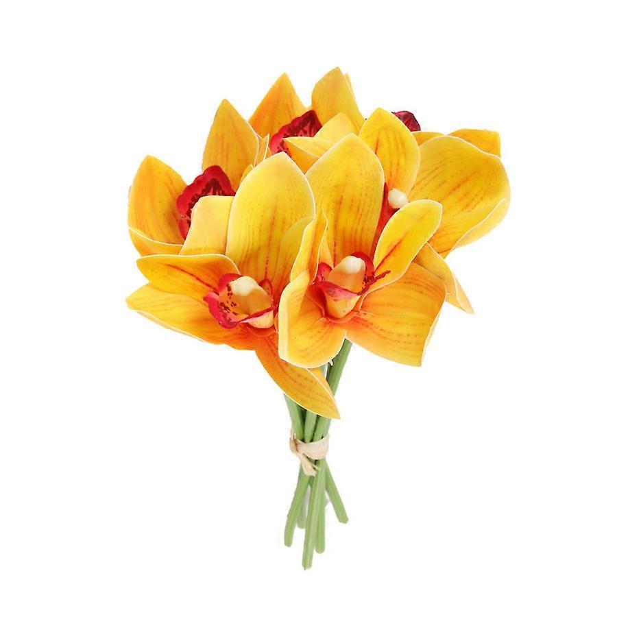 עיצוב הבית סחלב סימבידיום צהוב מלאכותי - 6pcs צרור פרחים מגע אמיתי