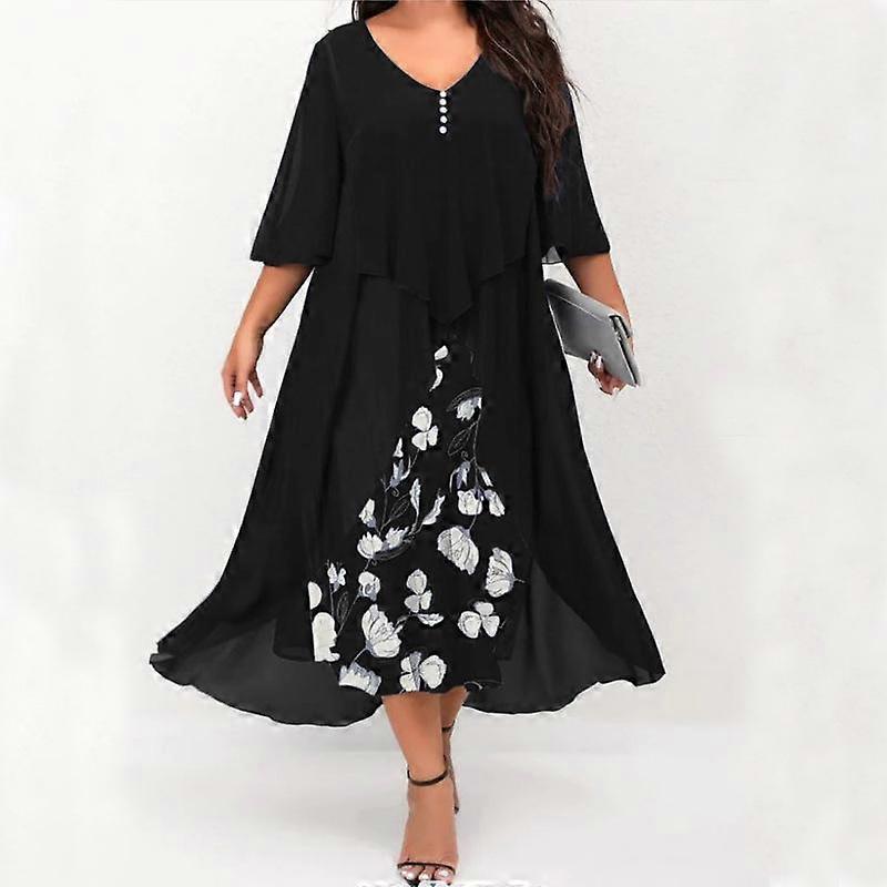 Women's Chiffon Stitching Fake Two-Piece Irregular Half Sleeves Loose plus Size Dress