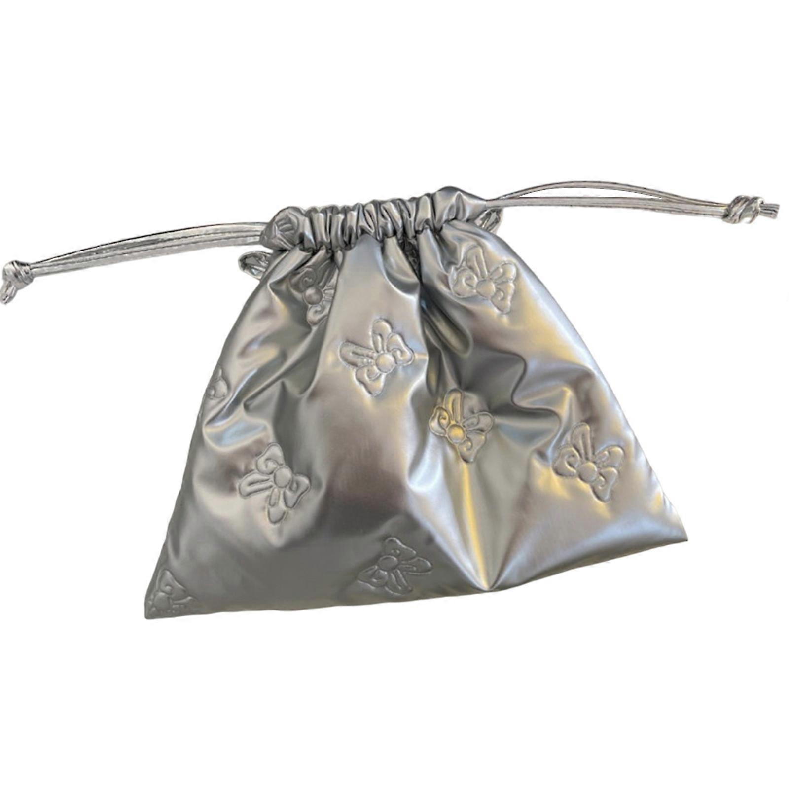 Elegant PU Leather Drawstring Bag Convenient PU Drawstring Pouches with Bowknot Embellishment for Daily Essential Silver
