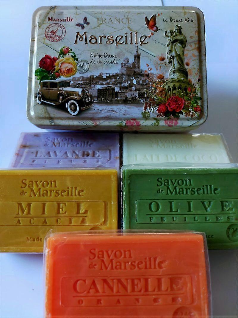 Metal soap tin with print Marseille with 5 soaps in the scents lavender, honey, olives, cinnamon, ko