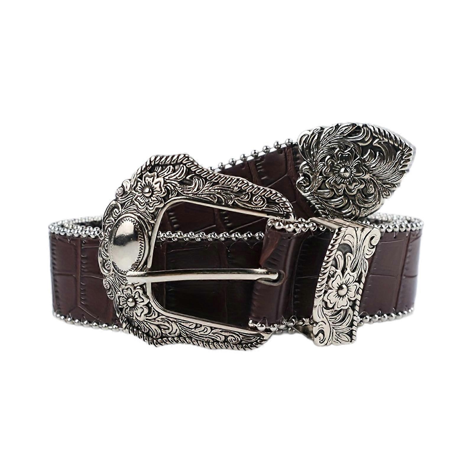 ウエストベルト刻印バックルカウボーイカウガール用フラワービンテージベルトホットガールウエストチェーンビーズセクシーオーバーサイズベルトコーヒーL