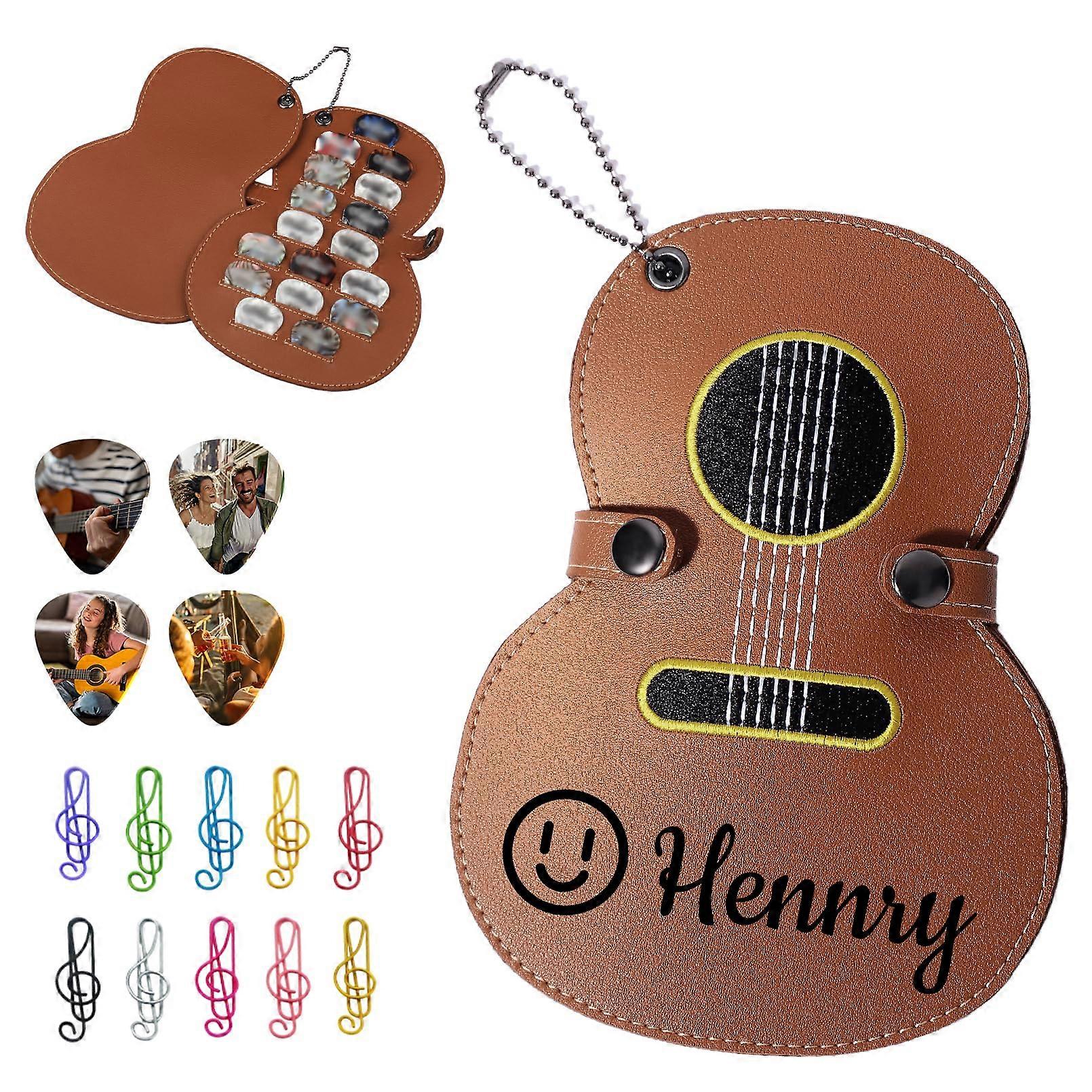 Personalized Guitar Pick Box 17 Slot With Custom Text Guitar Shaped Case And Music Note Clip