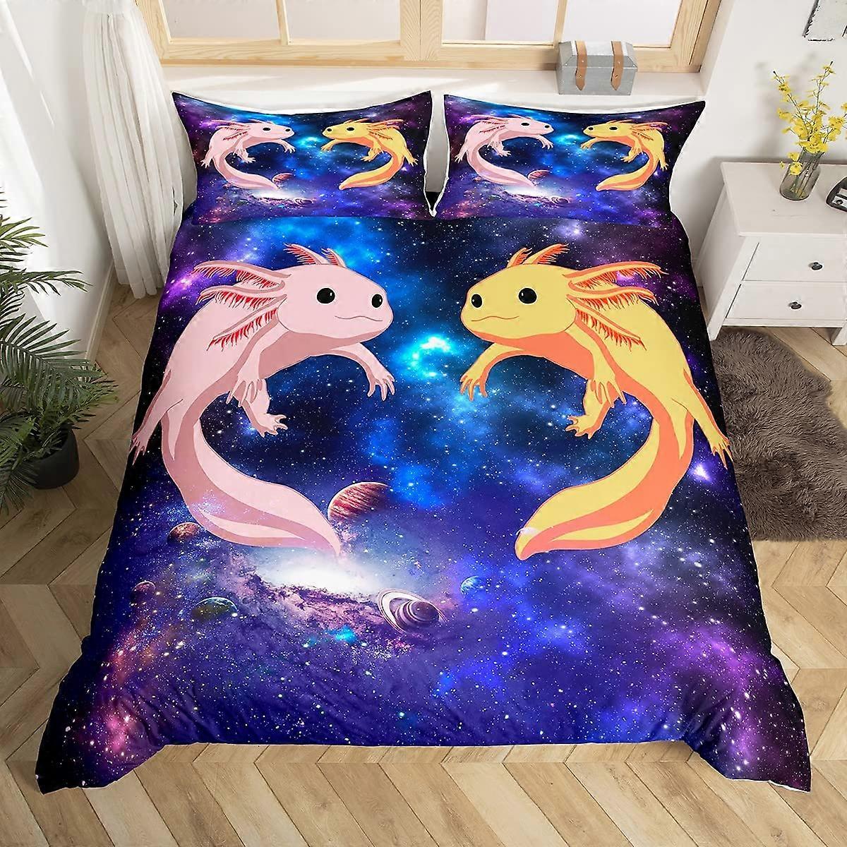 Cute Galaxy Axolotl Duvet Cover Set for Kids Universe Outer Space Queen Size