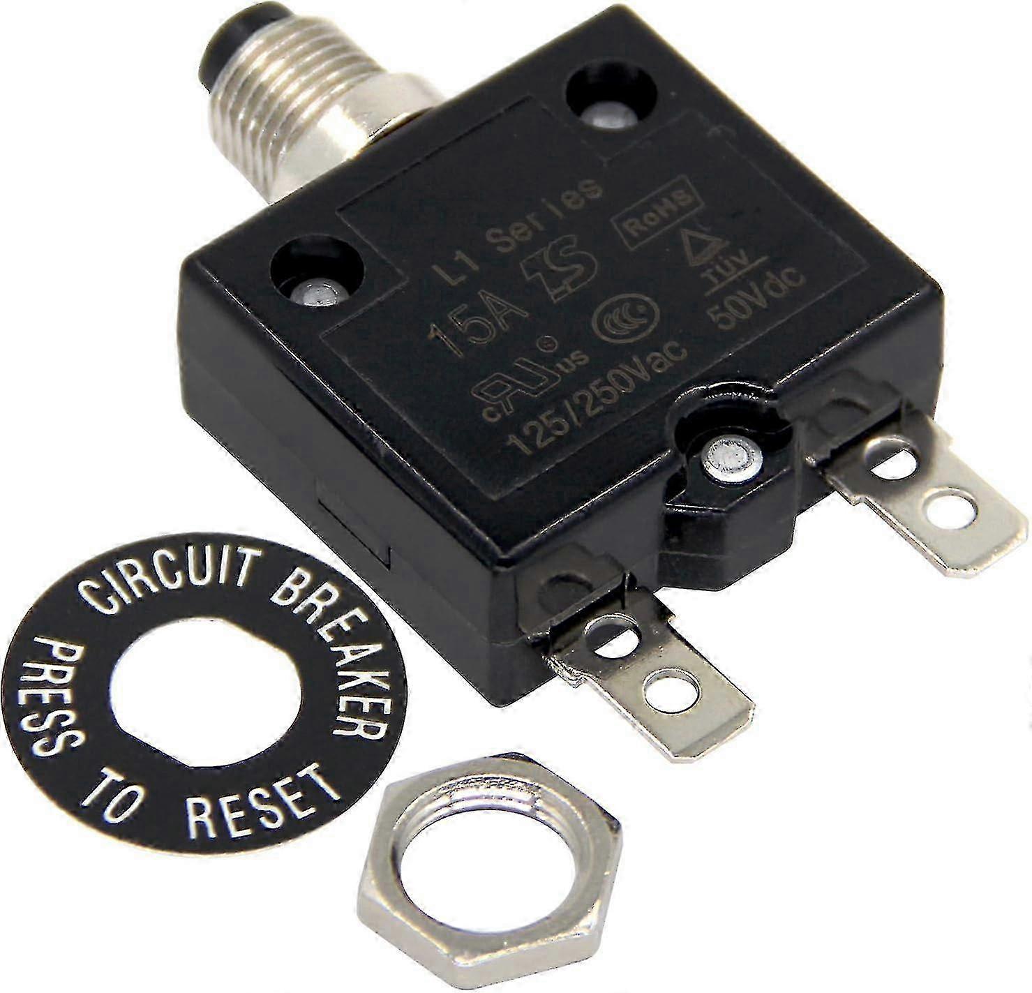 Interruttore automatico termico a riarmo manuale da 15 A della serie L1 con design a pulsante da 125-250 V c.a. e 50 V c.c.