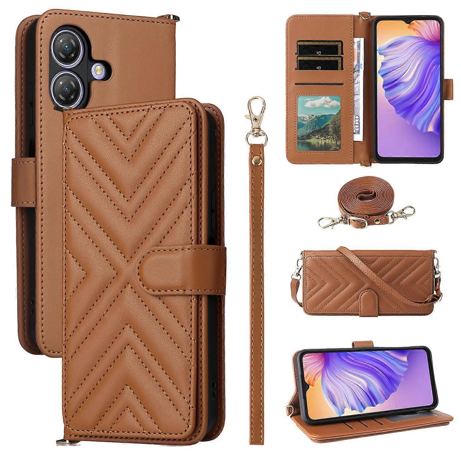 For Ulefone Note 21 Wallet Case with Shoulder Wrist Strap Leather Phone Cover Stand - Brown